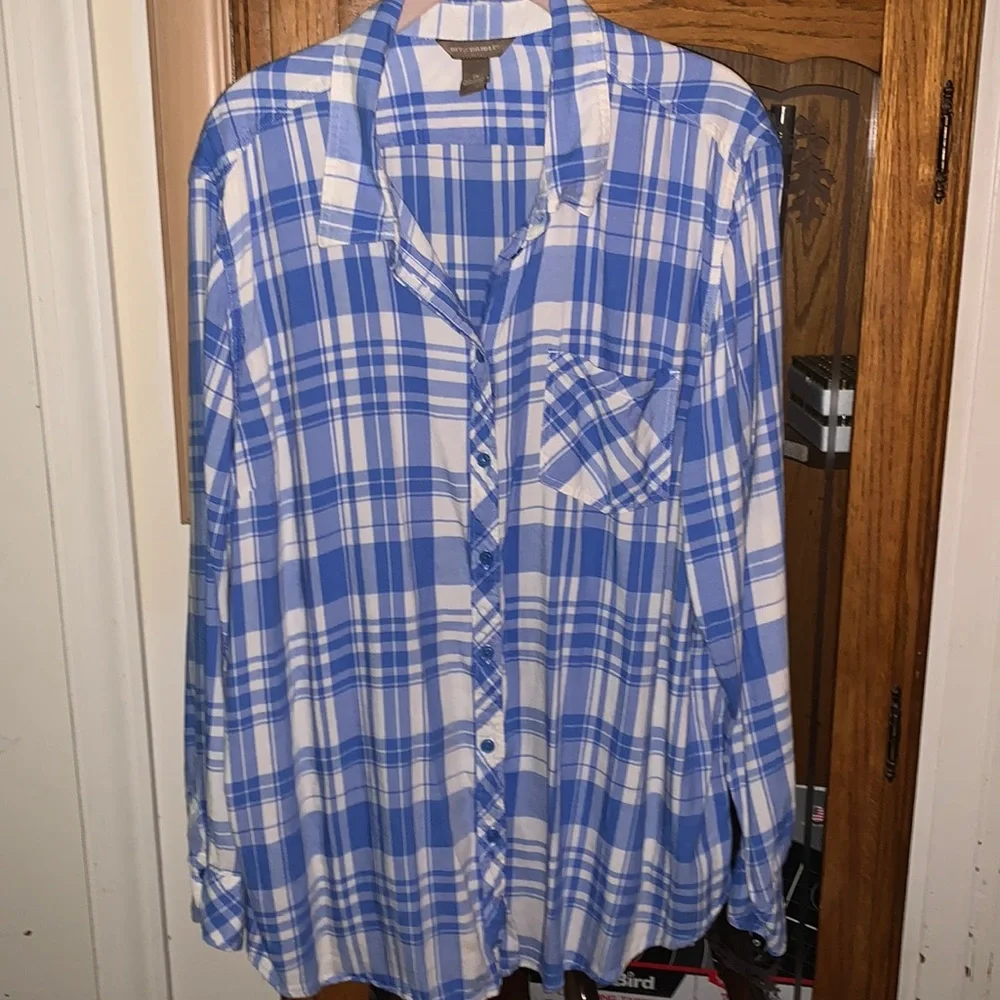 Blue and White Button Down Long Sleeve Top - Picture 1 of 5